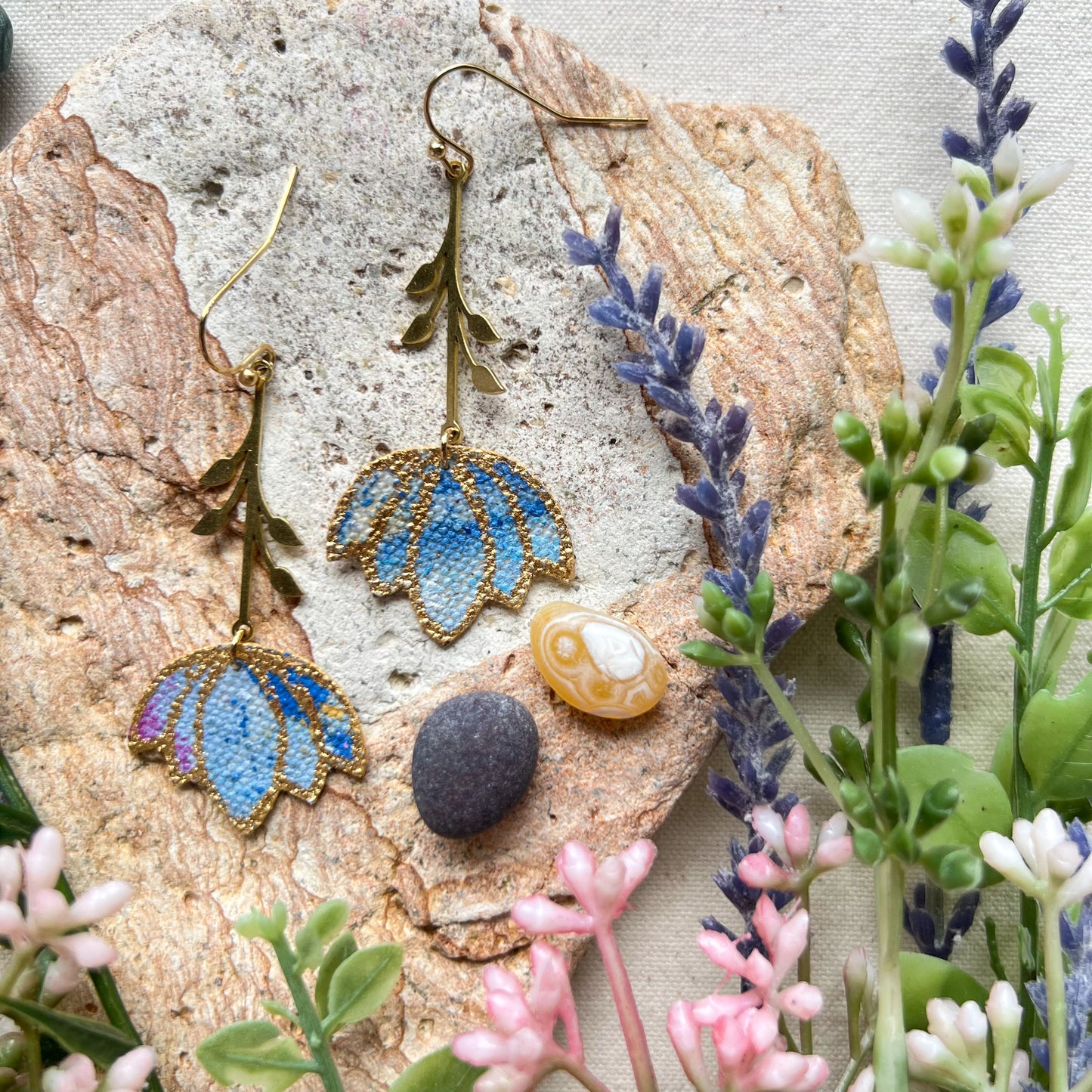 Light Blue & Gold Flower Earrings